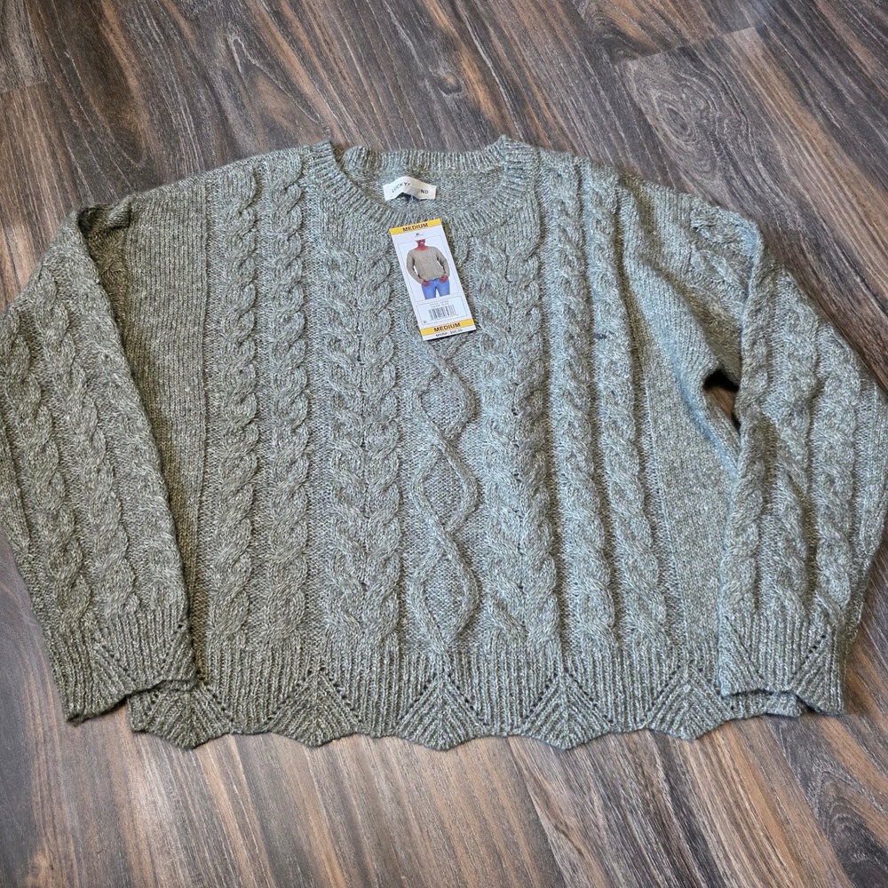 Lucky Brand Women Olive Green Cable Knit Scalloped Hem Sweater 157989 Medium NWT